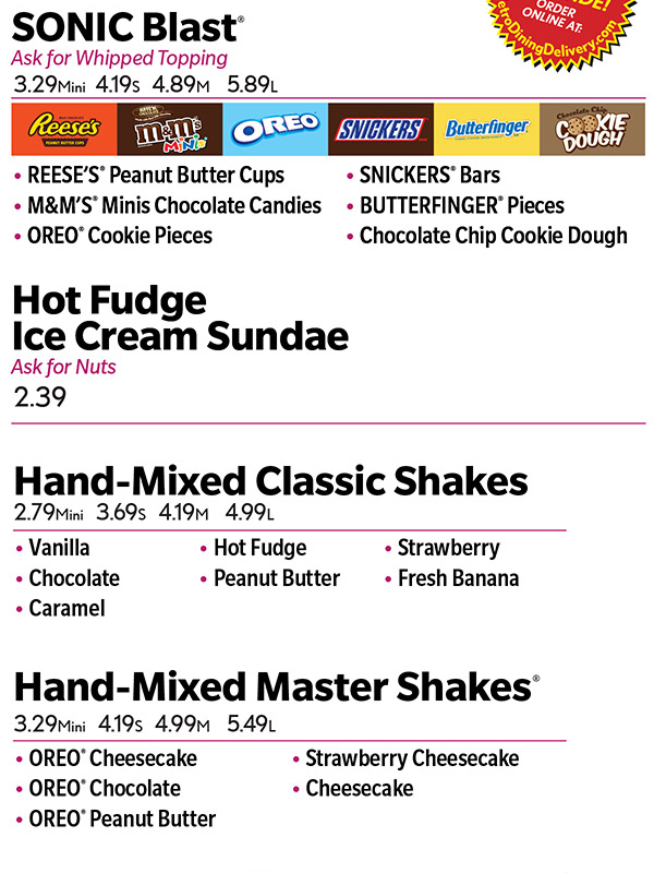 Sonic Ice cream menu image