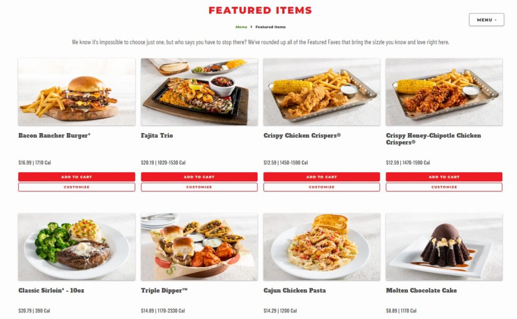 Chilis Featured items Calories Image